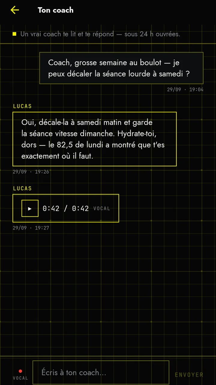 Messagerie Ton coach : une question de l’adhérent, la réponse écrite de Lucas et un message vocal de 42 secondes.